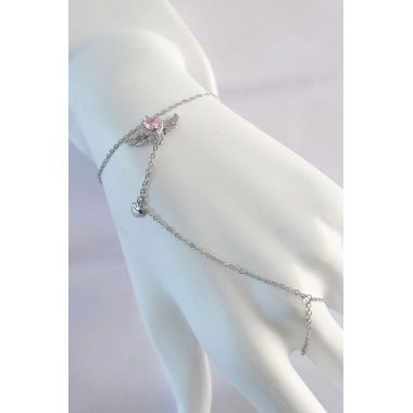 316L Çelik Gümüş Renk Pembe Zirkon Taşlı Kanatlı Kalp Model Şahmeran