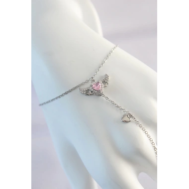 316L Çelik Gümüş Renk Pembe Zirkon Taşlı Kanatlı Kalp Model Şahmeran