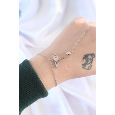 316L Çelik Gümüş Renk Pembe Zirkon Taşlı Kanatlı Kalp Model Şahmeran