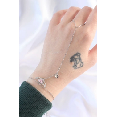 316L Çelik Gümüş Renk Pembe Zirkon Taşlı Kanatlı Kalp Model Şahmeran