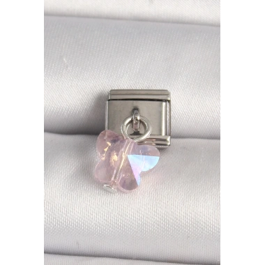 316L Çelik Gümüş Renk Pembe Zirkon Taşlı Kelebek Model Nomination Charm