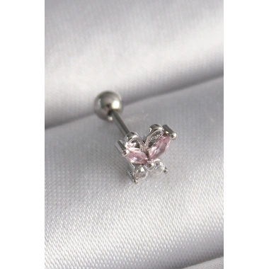 316L Çelik Gümüş Renk Pembe Zirkon Taşlı Kelebek Tragus Piercing