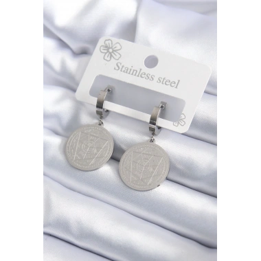 316L Çelik Gümüş Renk Pentagram İşleme Model Kadın Küpe