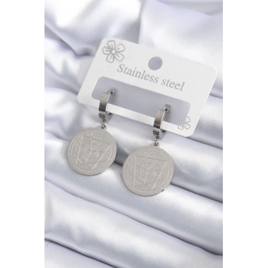 316L Çelik Gümüş Renk Pentagram İşleme Model Kadın Küpe