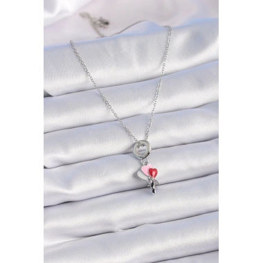 316L Çelik Gümüş Renk Renkli Kalp Figür Charm Model Kadın Kolye