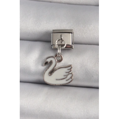 316L Çelik Gümüş Renk Sallantı Beyaz Kuğu Model Nomination Charm