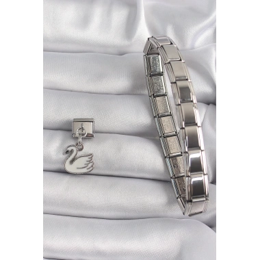 316L Çelik Gümüş Renk Sallantı Beyaz Kuğu Model Nomination Charm