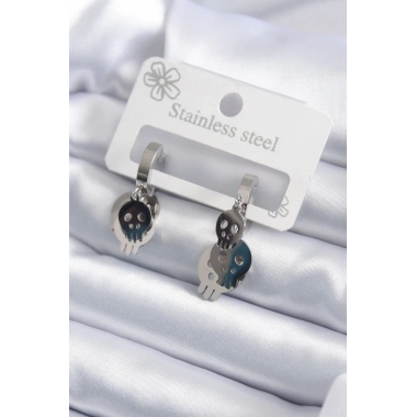 316L Çelik Gümüş Renk Sallantı Kuru Kafa Model Kadın Küpe