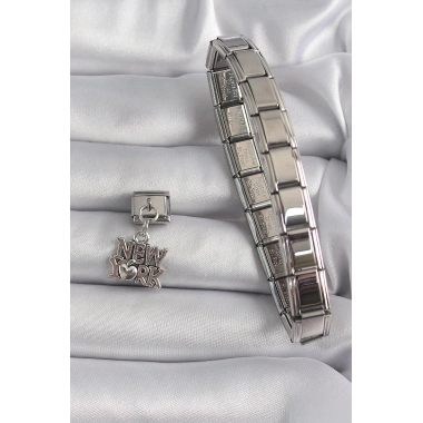 316L Çelik Gümüş Renk Sallantı New York Yazı Model Nomination Charm