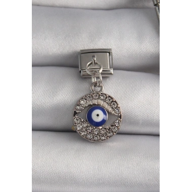 316L Çelik Gümüş Renk Sallantı Zirkon Taşlı Göz Model Nazar Boncuk Detay Nomination Charm