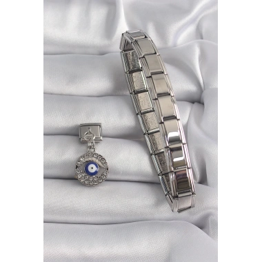 316L Çelik Gümüş Renk Sallantı Zirkon Taşlı Göz Model Nazar Boncuk Detay Nomination Charm