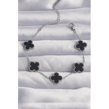 316L Çelik Gümüş Renk Siyah Mineli Yonca Bileklik