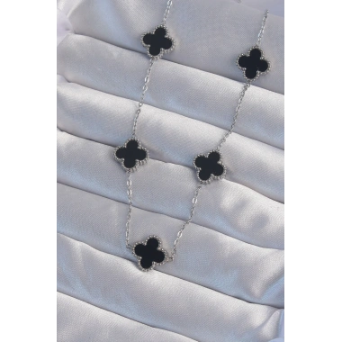 316L Çelik Gümüş Renk Siyah Mineli Yonca Kolye