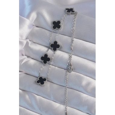 316L Çelik Gümüş Renk Siyah Mineli Yonca Kolye