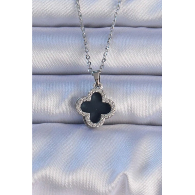 316L Çelik Gümüş Renk Siyah Mineli Zirkon Taşlı Yonca Figürlü Kolye
