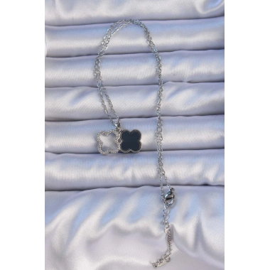 316L Çelik Gümüş Renk Siyah Mineli Zirkon Taşlı Yonca Figürlü Kolye