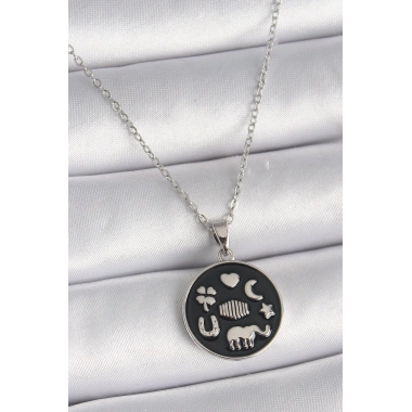 316L Çelik Gümüş Renk Siyah Renk Şans Kolyesi