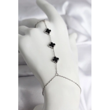 316L Çelik Gümüş Renk Siyah Yonca Model Kadın Şahmeran