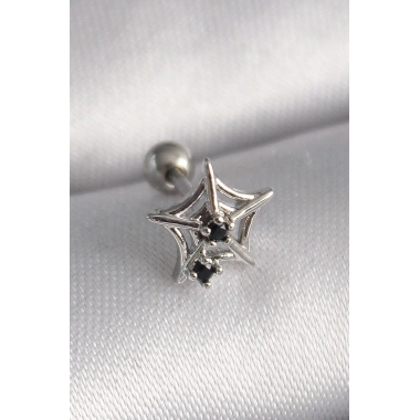 316L Çelik Gümüş Renk Siyah Zirkon Taş Detay Örümcek Ağ Model Tragus Piercing