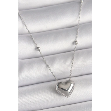 316L Çelik Gümüş Renk Topçuk Detay Zincir Kalp Model Kadın Kolye