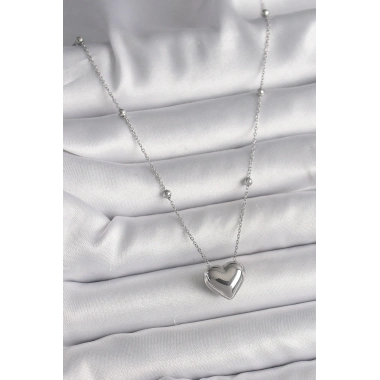 316L Çelik Gümüş Renk Topçuk Detay Zincir Kalp Model Kadın Kolye