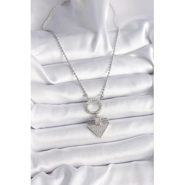 316L Çelik Gümüş Renk Topçuk Zincir Zirkon Taşlı Üçgen Model Kadın Kolye