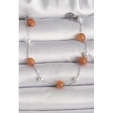 316L Çelik Gümüş Renk Turuncu Doğaltaş Model İnci Detay Kadın Bileklik