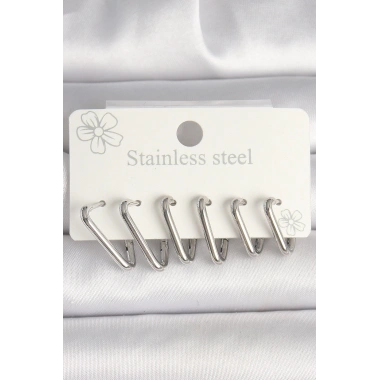 316L Çelik Gümüş Renk Üçgen Model Kadın Küpe Seti