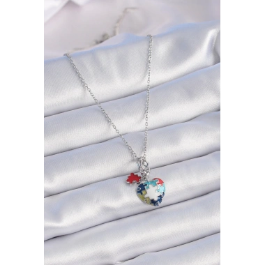 316L Çelik Gümüş Renk Yapboz Motif Kalp Figür Charm Model Kadın Kolye