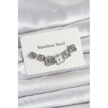 316L Çelik Gümüş Renk Yonca Küpe Seti