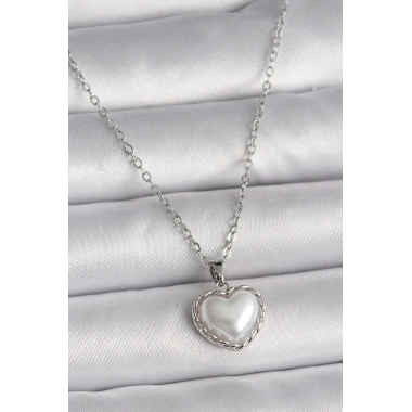 316L Çelik Gümüş Renk Zincir 3D İnci Kalp Model Kadın Kolye