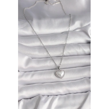 316L Çelik Gümüş Renk Zincir 3D İnci Kalp Model Kadın Kolye