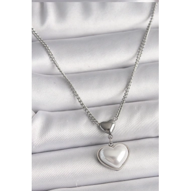 316L Çelik Gümüş Renk Zincir 3D Kalp Model Kadın Kolye