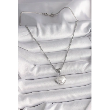 316L Çelik Gümüş Renk Zincir 3D Kalp Model Kadın Kolye