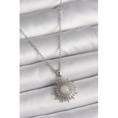 316L Çelik Gümüş Renk Zincir Beyaz Mineli Güneş Model Kadın Kolye