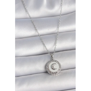 316L Çelik Gümüş Renk Zincir Beyaz Mineli Hilal İşlemeli Madalyon Model Kadın Kolye
