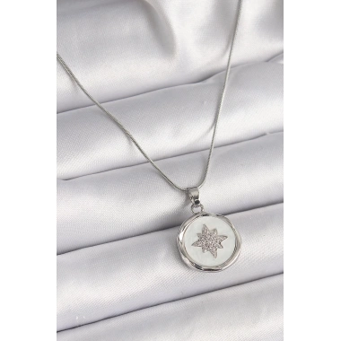 316L Çelik Gümüş Renk Zincir Beyaz Sedefli Zirkon Taşlı Yıldız İşleme Model Kadın Kolye