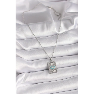 316L Çelik Gümüş Renk Zincir Göz İşlemeli Madalyon Model Kadın Kolye