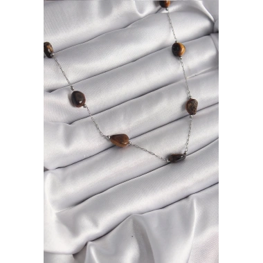 316L Çelik Gümüş Renk Zincir Kahverengi Doğaltaş Model Kadın Kolye