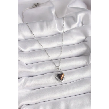 316L Çelik Gümüş Renk Zincir Kilit Kalp Kehribar Boncuk Model Kadın Kolye