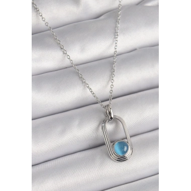 316L Çelik Gümüş Renk Zincir Mavi Kedi Göz Model Kadın Kolye