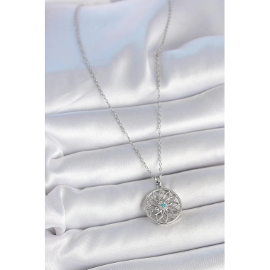 316L Çelik Gümüş Renk Zincir Mavi Taşlı Lotus Model Kadın Kolye