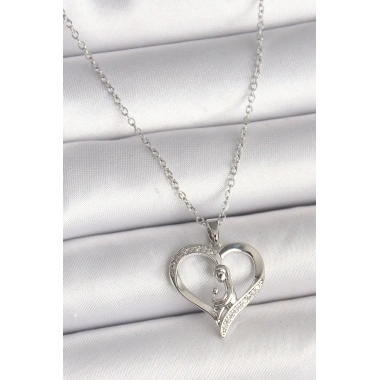 316L Çelik Gümüş Renk Zincir Zirkon Taş Detaylı Kalp Model Kadın Kolye
