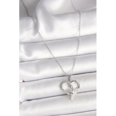 316L Çelik Gümüş Renk Zincir Zirkon Taş Detaylı Kalp Model Kadın Kolye