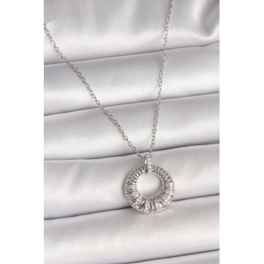 316L Çelik Gümüş Renk Zincir Zirkon Taş İşlemeli Daire Model Kadın Kolye
