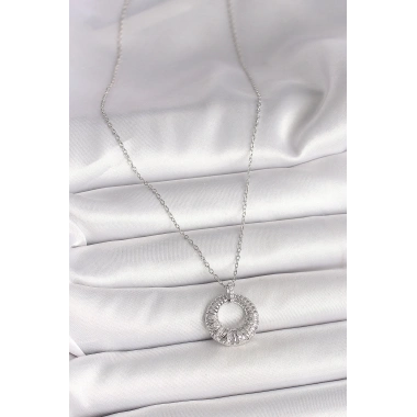 316L Çelik Gümüş Renk Zincir Zirkon Taş İşlemeli Daire Model Kadın Kolye