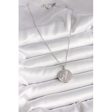 316L Çelik Gümüş Renk Zincir Zirkon Taşlı Ay Güneş İşlemeli Madalyon Model Kadın Kolye