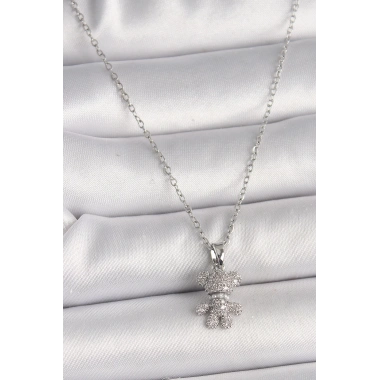 316L Çelik Gümüş Renk Zincir Zirkon Taşlı Ayıcık Figür Kadın Kolye