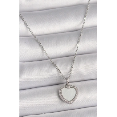 316L Çelik Gümüş Renk Zincir Zirkon Taşlı Beyaz Mineli Kalp Model Kadın Kolye