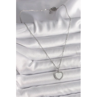 316L Çelik Gümüş Renk Zincir Zirkon Taşlı Beyaz Mineli Kalp Model Kadın Kolye